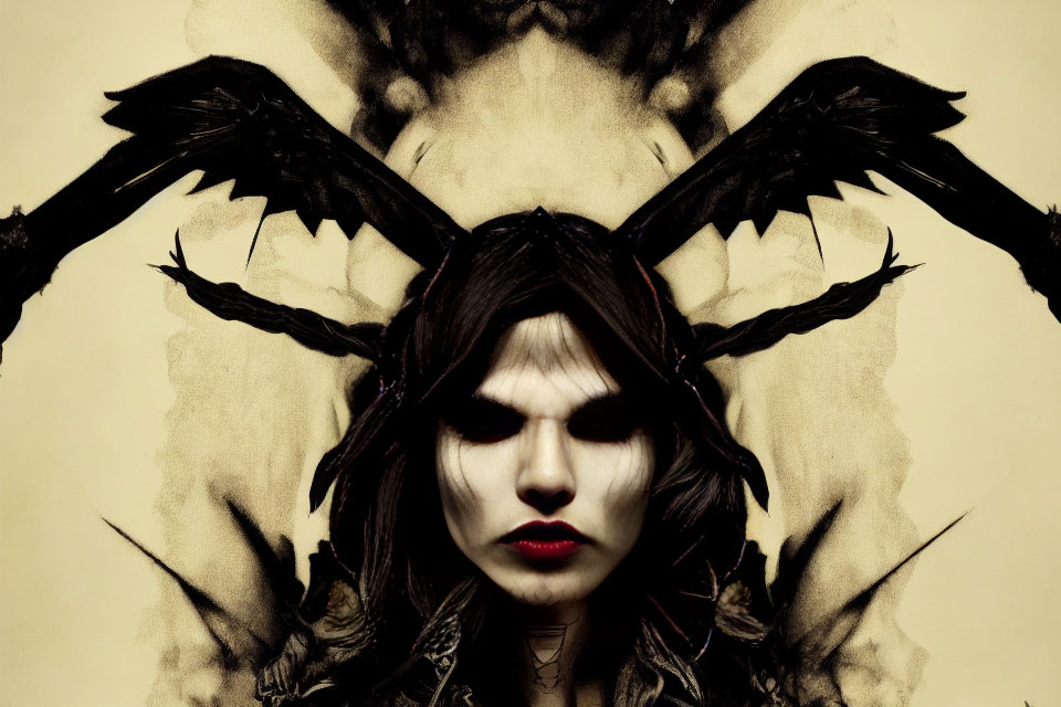 Symmetrical Composition of Woman's Face with Dark Feathered Wings