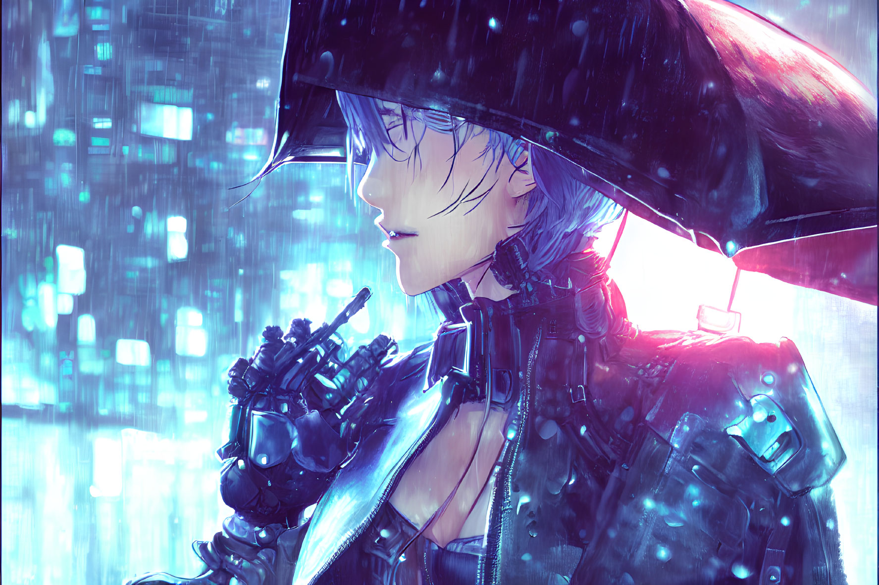 Futuristic female anime character in black outfit under neon rain