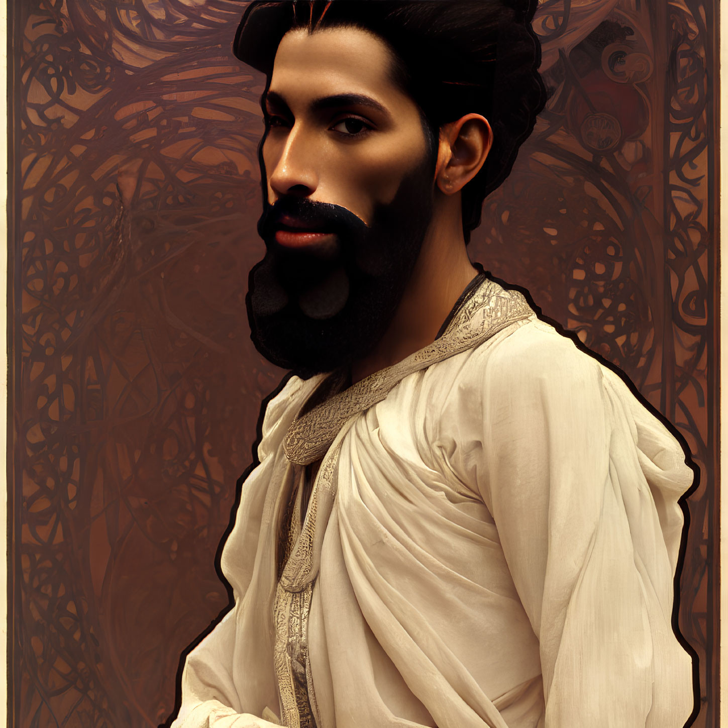 Illustration of man with styled beard in traditional attire against patterned background