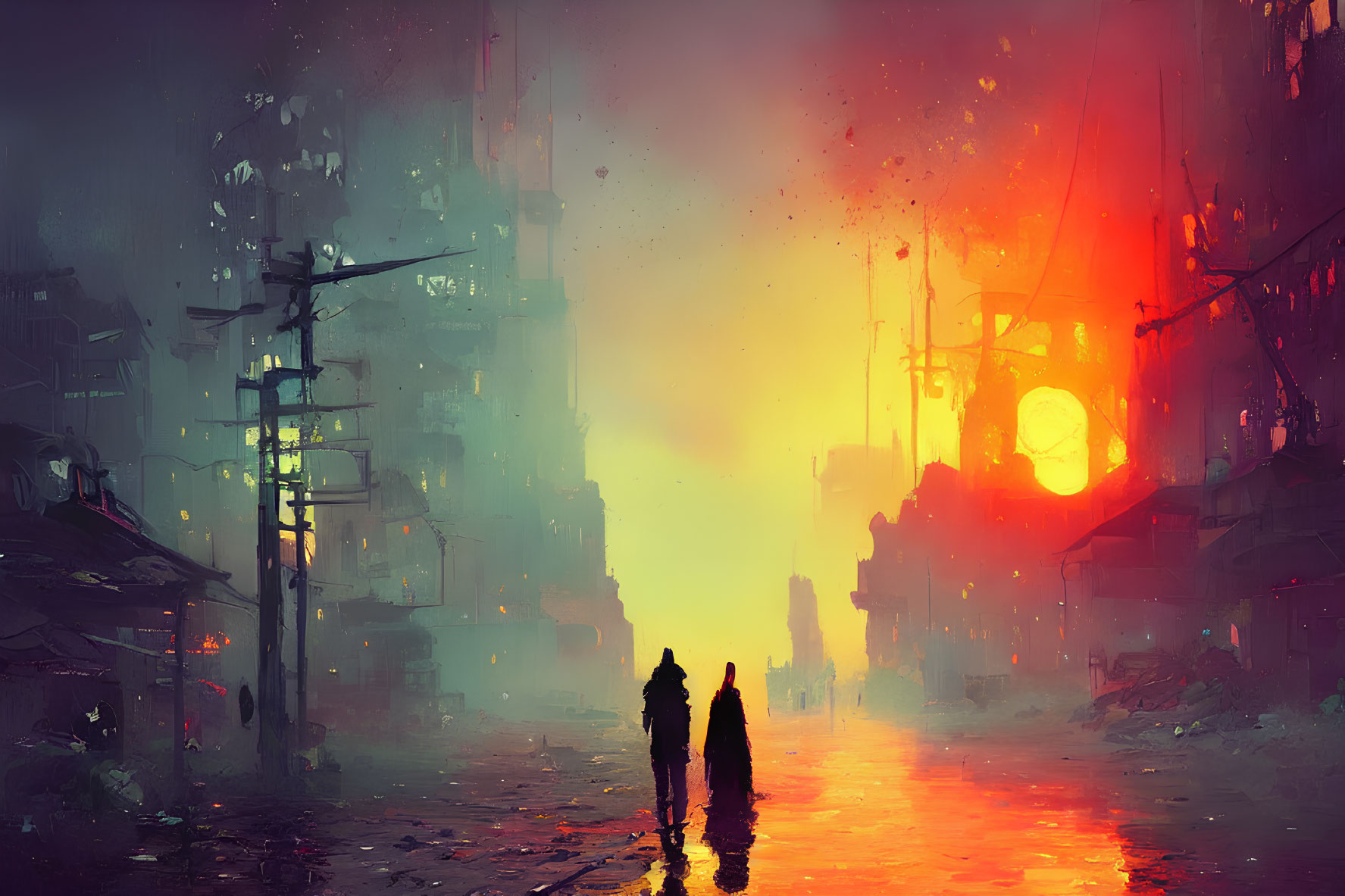 Silhouetted figures in dystopian cityscape with red-orange sky