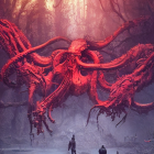 Gigantic red octopus in misty forest with eerie orange light