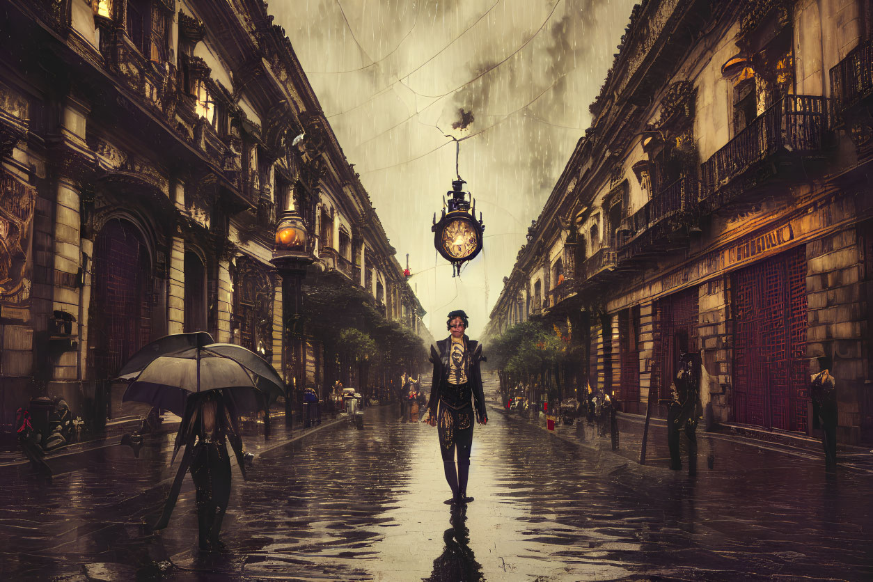 Person Walking in Rain on Vintage Street with Umbrella