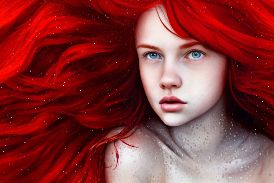 Vibrant red hair and blue eyes in flowing water-like locks.