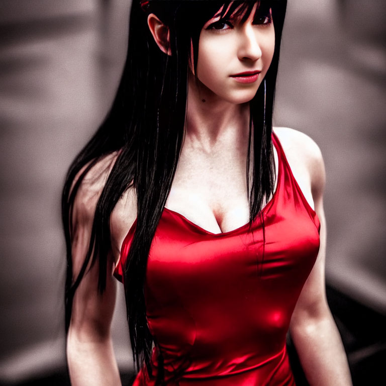 Cosplayer with Long Black Hair in Red Dress Character Portrait