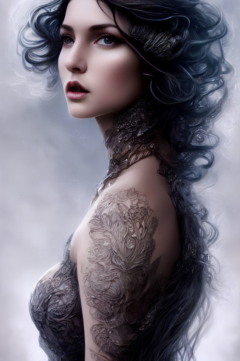 Detailed Artwork of Woman with Dark Hair, Lace Collar & Tattoos