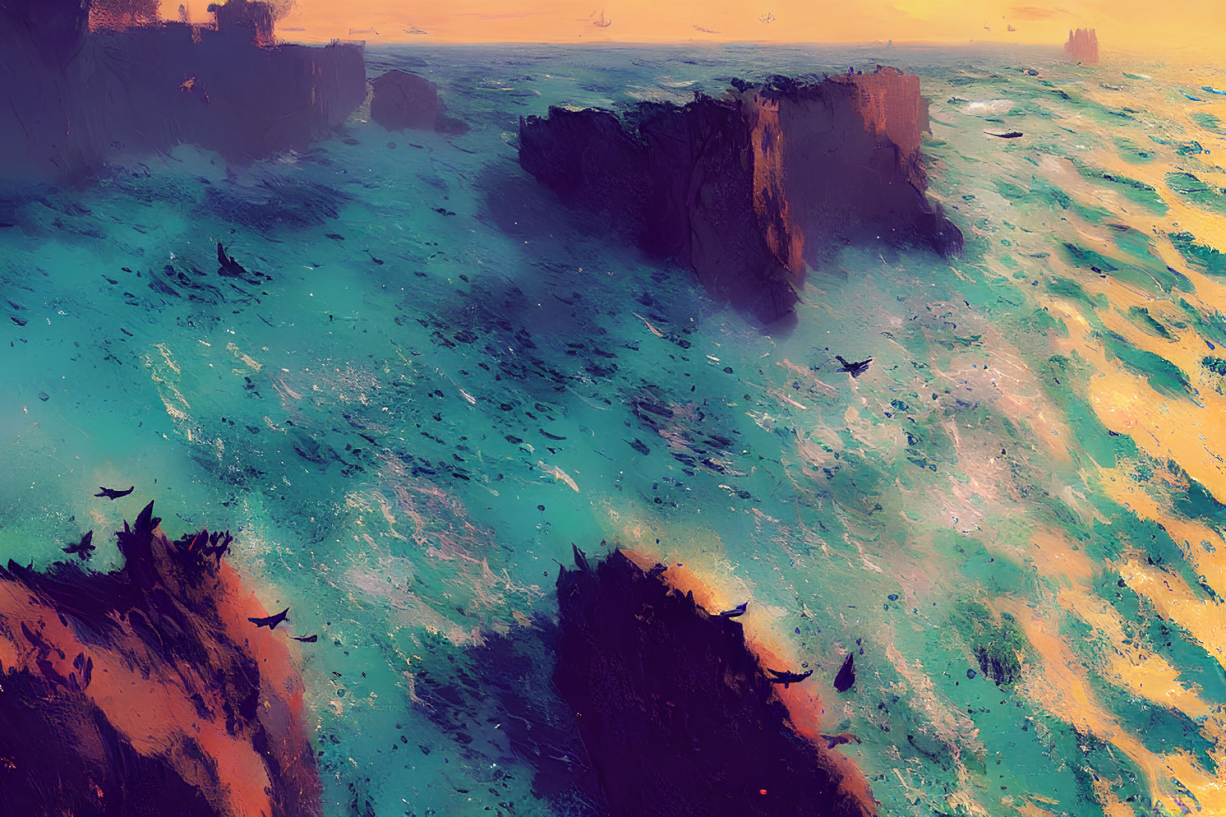 Digital painting of teal ocean, birds, rocks in sunset hues