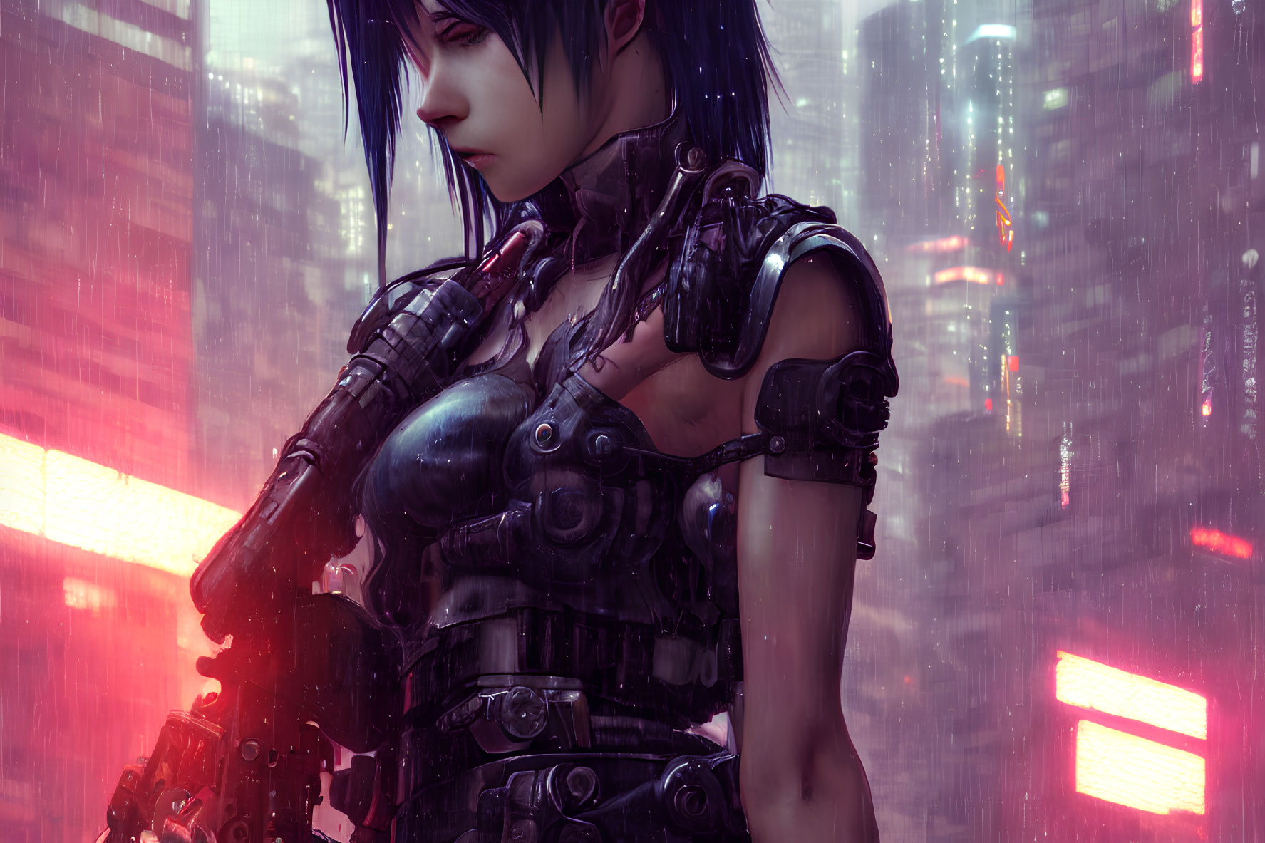 Futuristic female cyberpunk character with mechanical arms in neon-lit cityscape