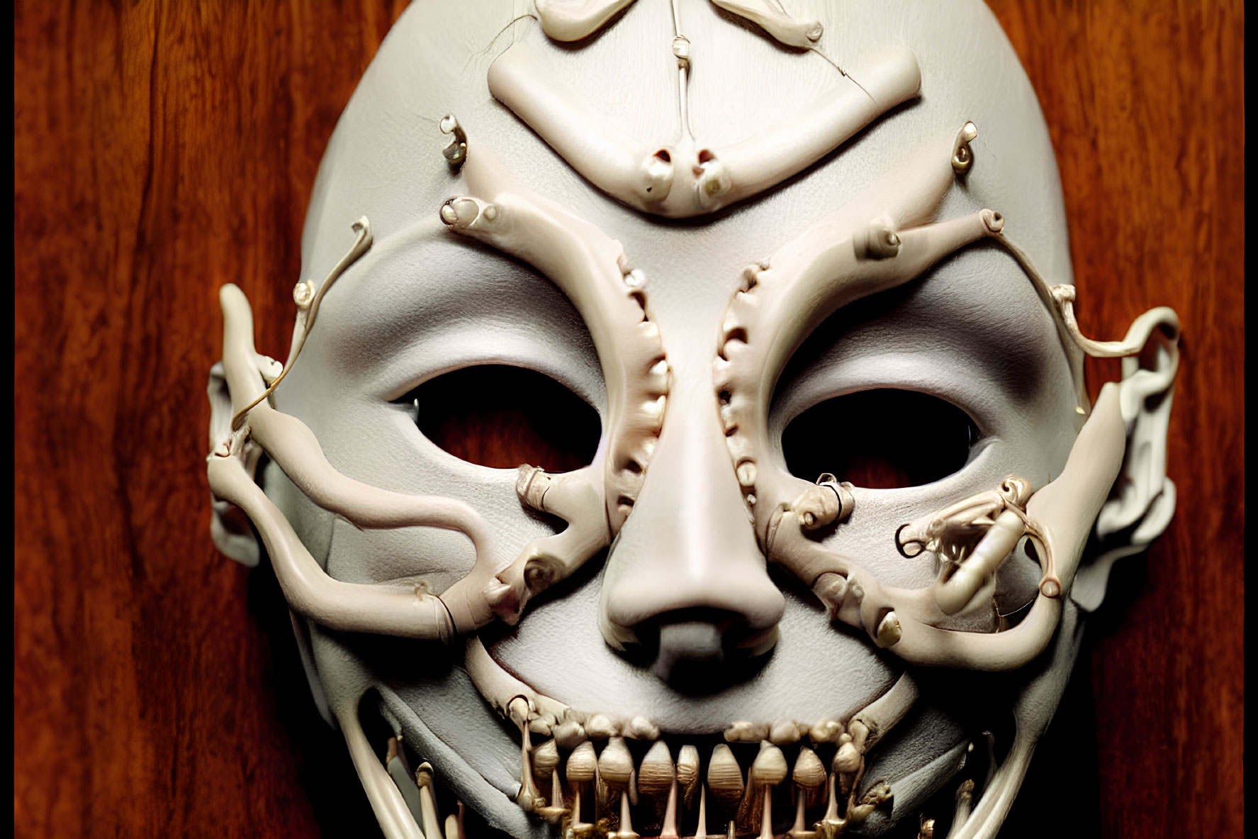 Detailed skeletal and mechanical mask on wooden background