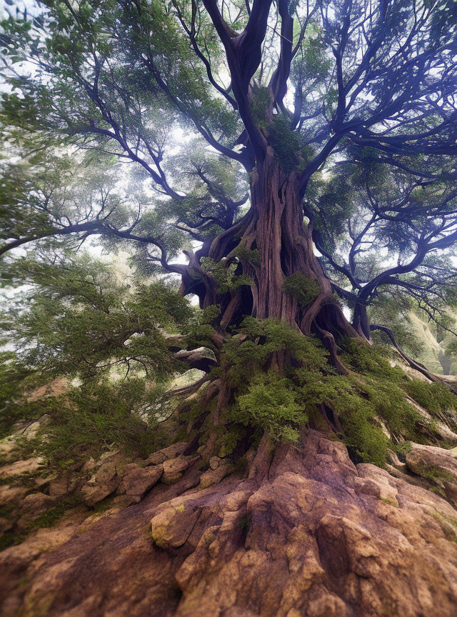 Ancient Tree with Gnarled Trunk and Sprawling Branches on Rocky Terrain