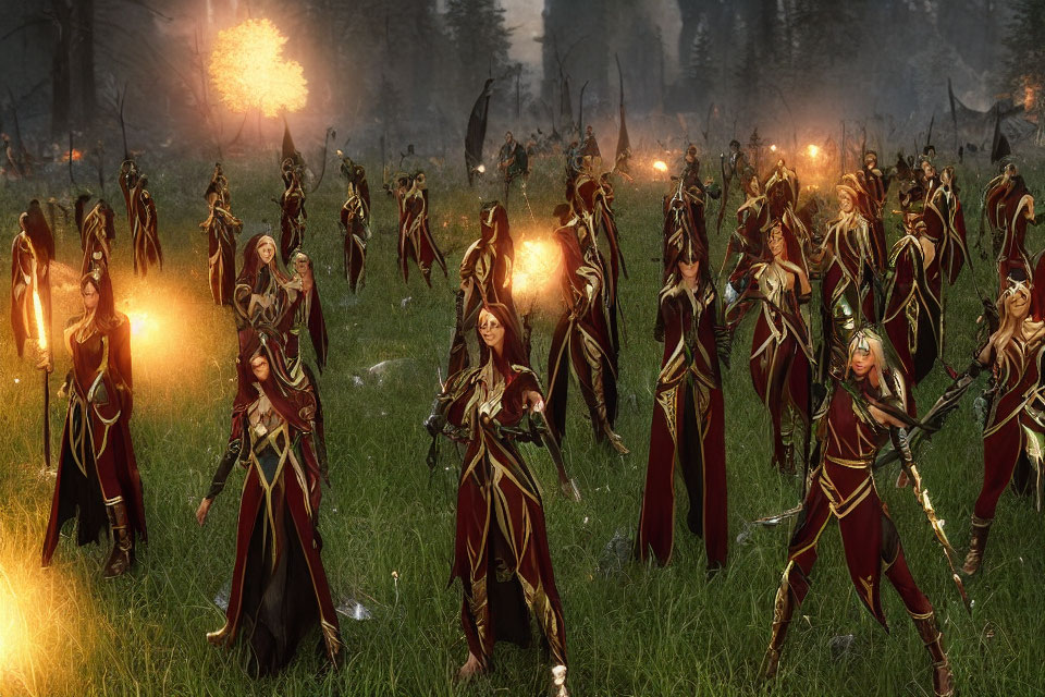 Elven archers in red and gold armor with glowing arrows in forest at dusk