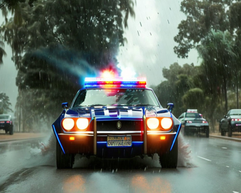 Police car with flashing lights on wet road in heavy rain