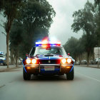 Police car with flashing lights on wet road in heavy rain