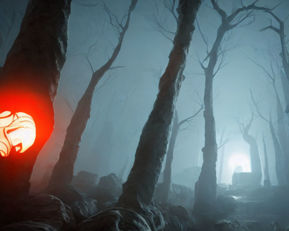 Mysterious forest with mist, gnarled trees, and eerie red glow