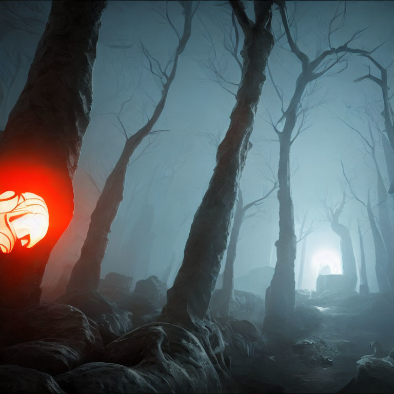 Mysterious forest with mist, gnarled trees, and eerie red glow