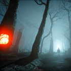 Mysterious forest with mist, gnarled trees, and eerie red glow