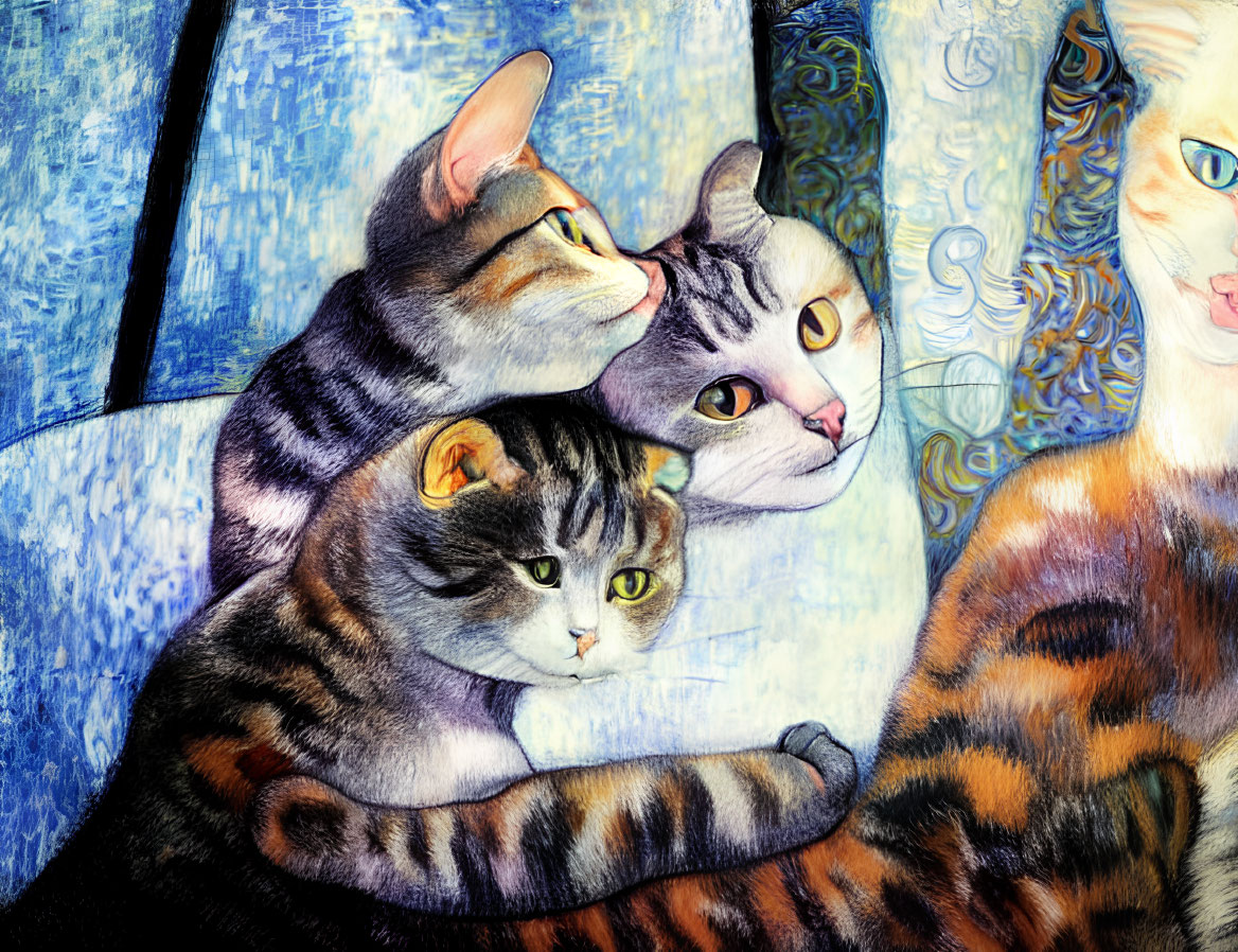 Vibrant painting of three cats on blue background with abstract patterns.