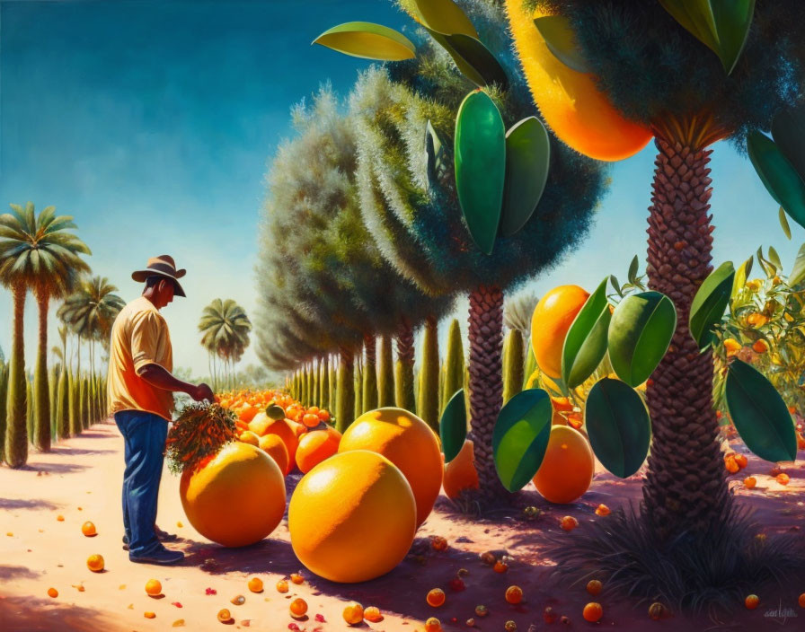 Colorful painting: Person harvesting oversized oranges in lush orchard