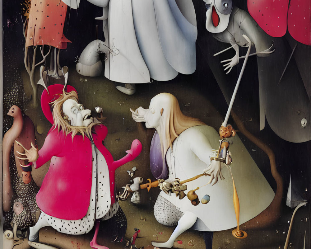 Surreal anthropomorphic creatures in chaotic dark scene