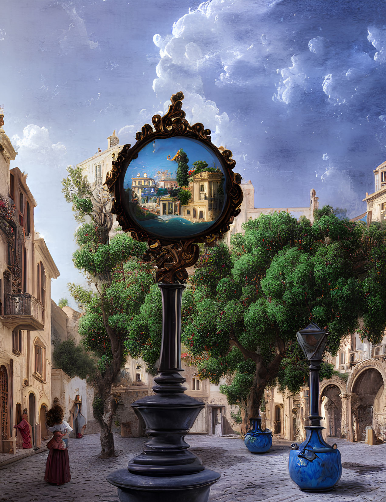 Vintage mirror on pedestal reflects sunny Mediterranean streetscape with people strolling and blue vases.