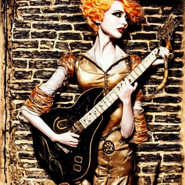 Bright Orange Hair Person Poses in Gold Futuristic Outfit with Electric Guitar