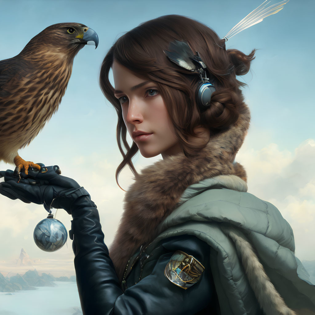 Steampunk-inspired woman with mechanical headset holds falcon against cloudy sky.