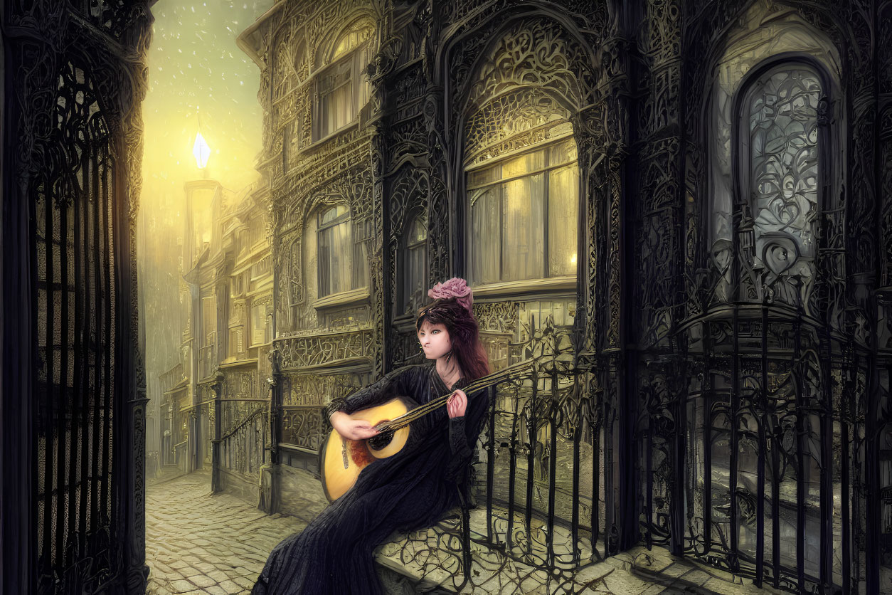 Woman in vintage dress playing guitar by ornate metal gate at Gothic building under twilight sky