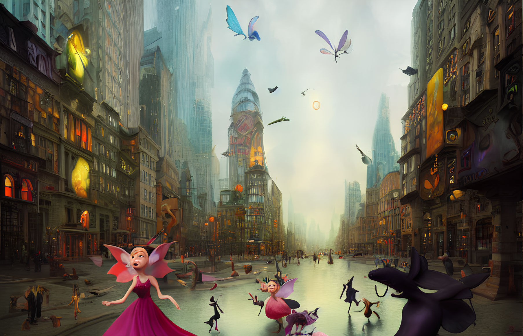 Whimsical cityscape with anthropomorphic animals and floating butterflies