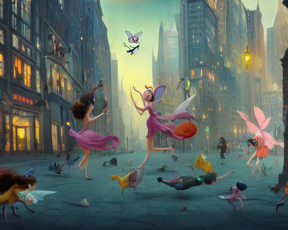 Surreal anthropomorphic animals and insects in golden cityscape