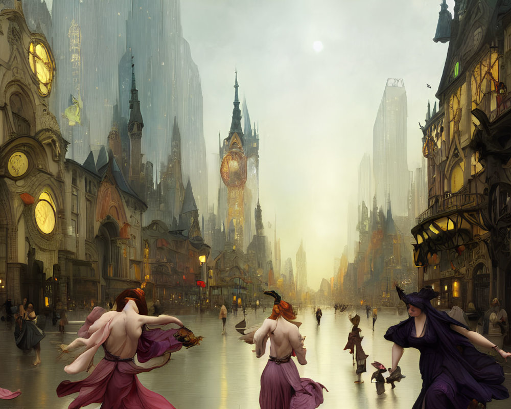 Fantastical cityscape with towering spires and elegant figures in flowing gowns