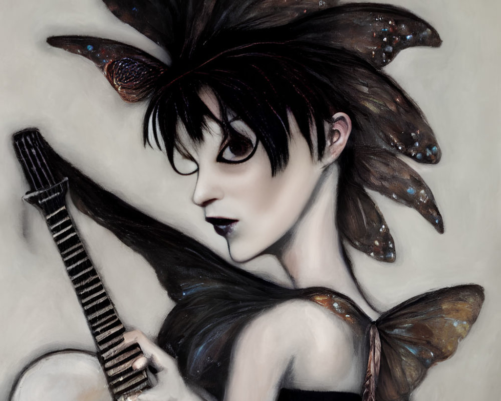 Fantasy-inspired illustration of person with dark hair, butterfly wings, feathers, and guitar