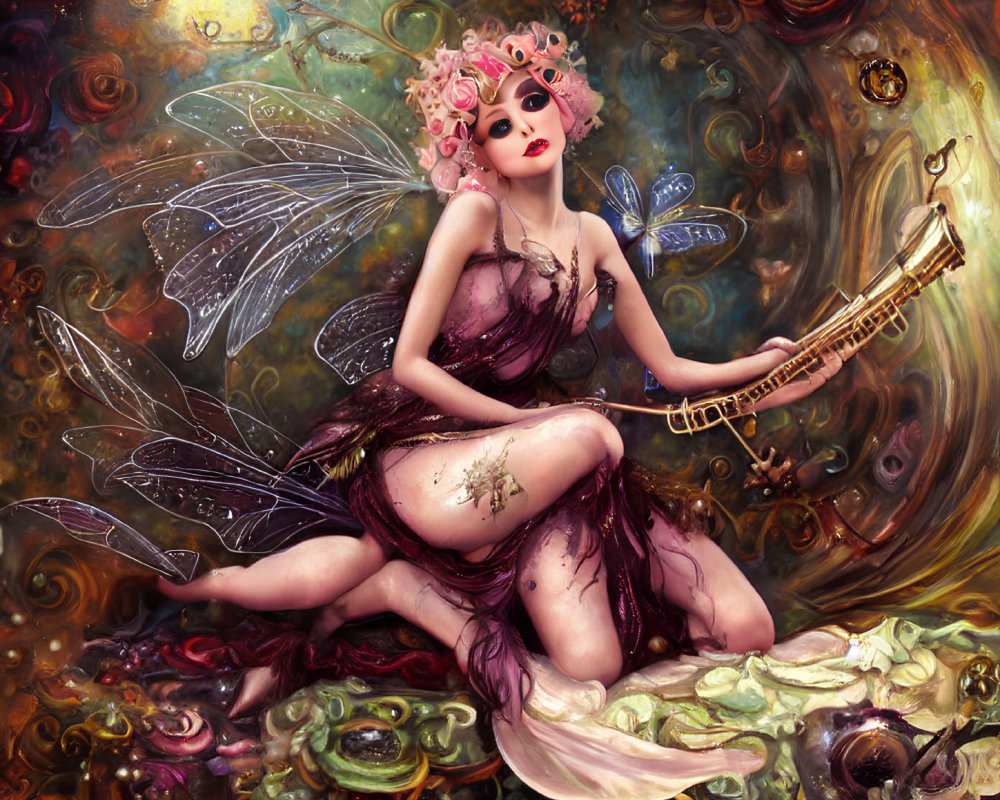 Iridescent fairy with floral headpiece playing saxophone in celestial backdrop