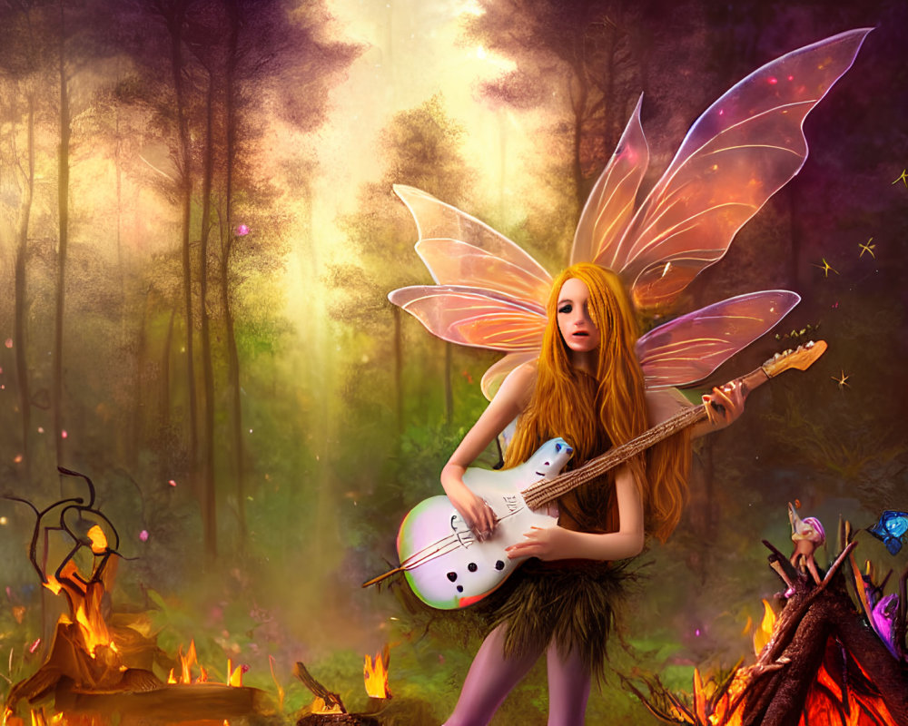 Translucent-winged fairy with fiery red hair playing lute in mystical forest