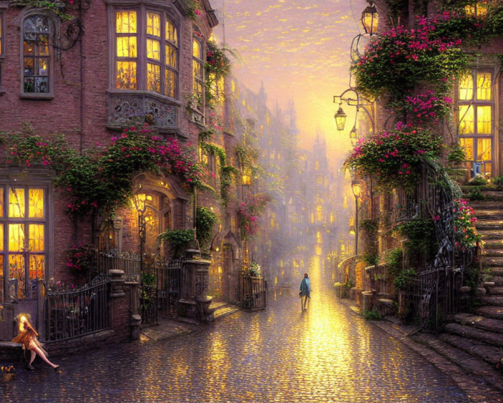 Historic cobblestone street at dusk with glowing lamps and flowering vines