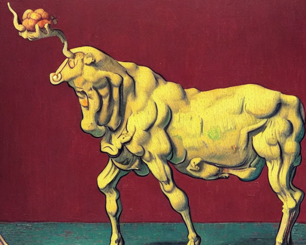 Surreal painting: muscular bull with cherry branch on red backdrop