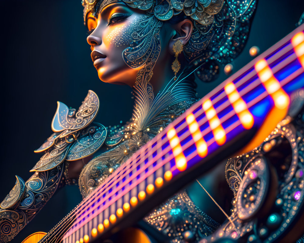 Detailed digital artwork of woman with ornate skin patterns, jewelry, guitar, and vibrant lighting