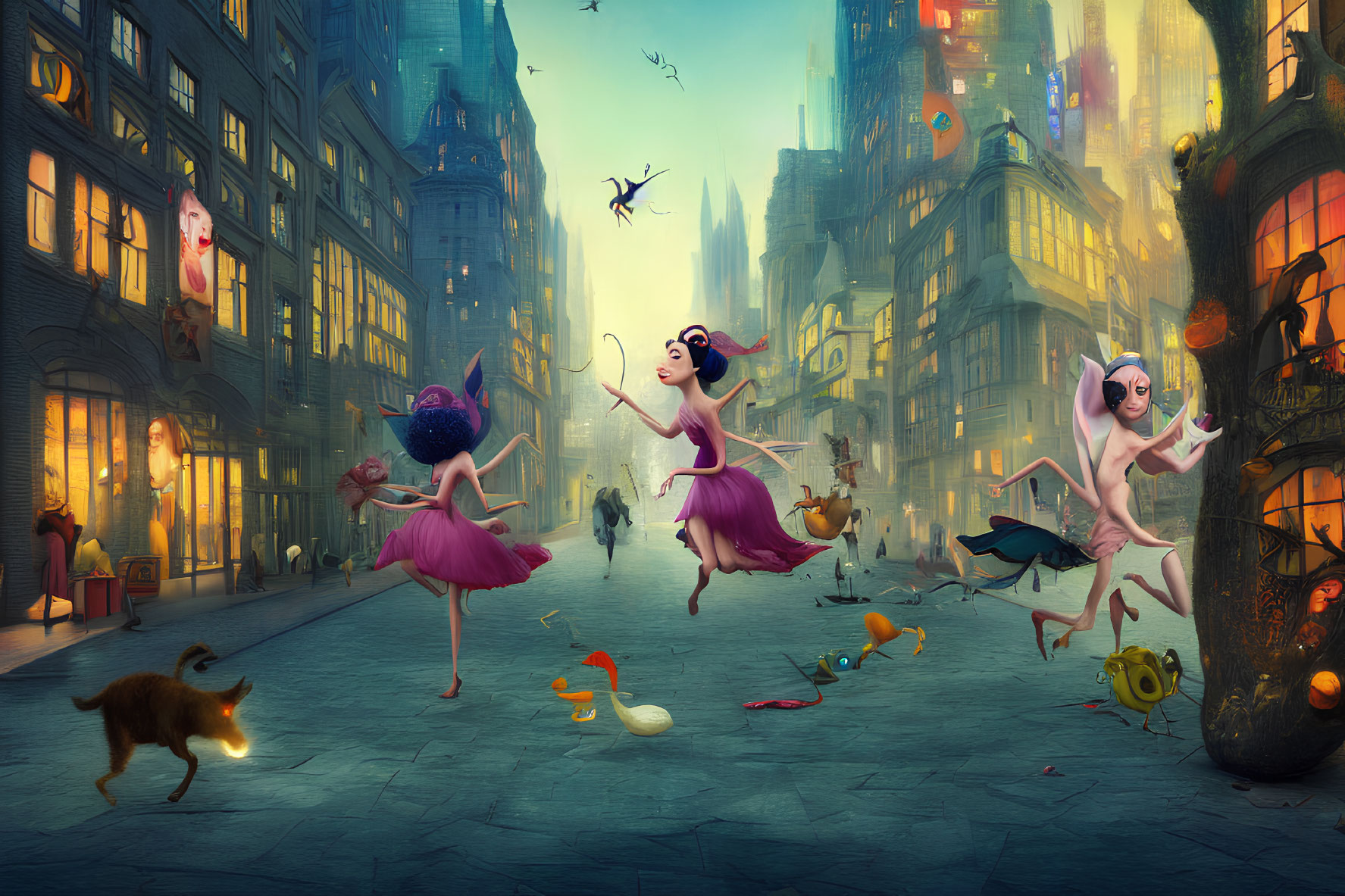 Whimsical city street with dancing anthropomorphic pigs in tutus