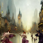 Whimsical cityscape with anthropomorphic animals and floating butterflies