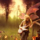 Translucent-winged fairy with fiery red hair playing lute in mystical forest