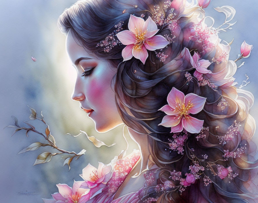 Woman with Flowers in Flowing Hair and Serene Expression