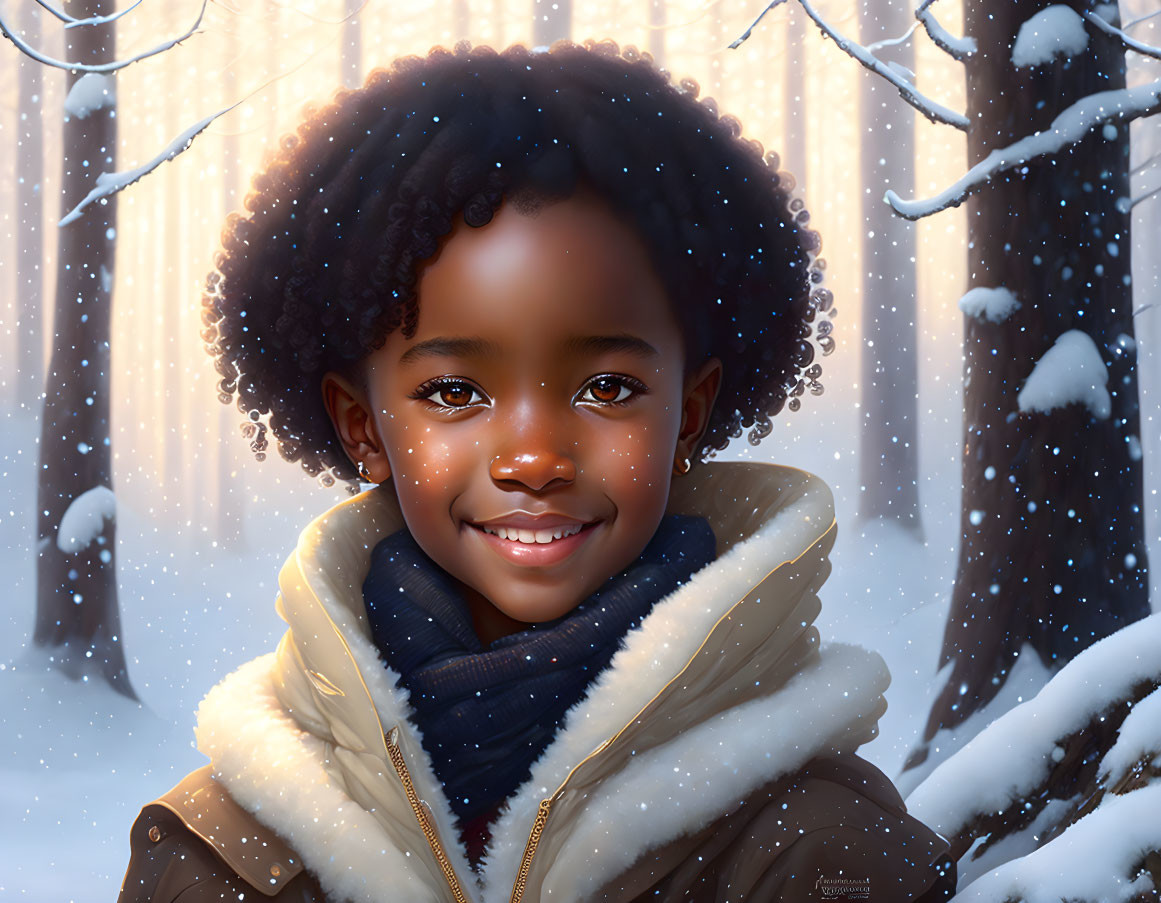 Smiling child in winter outfit against snowy forest backdrop