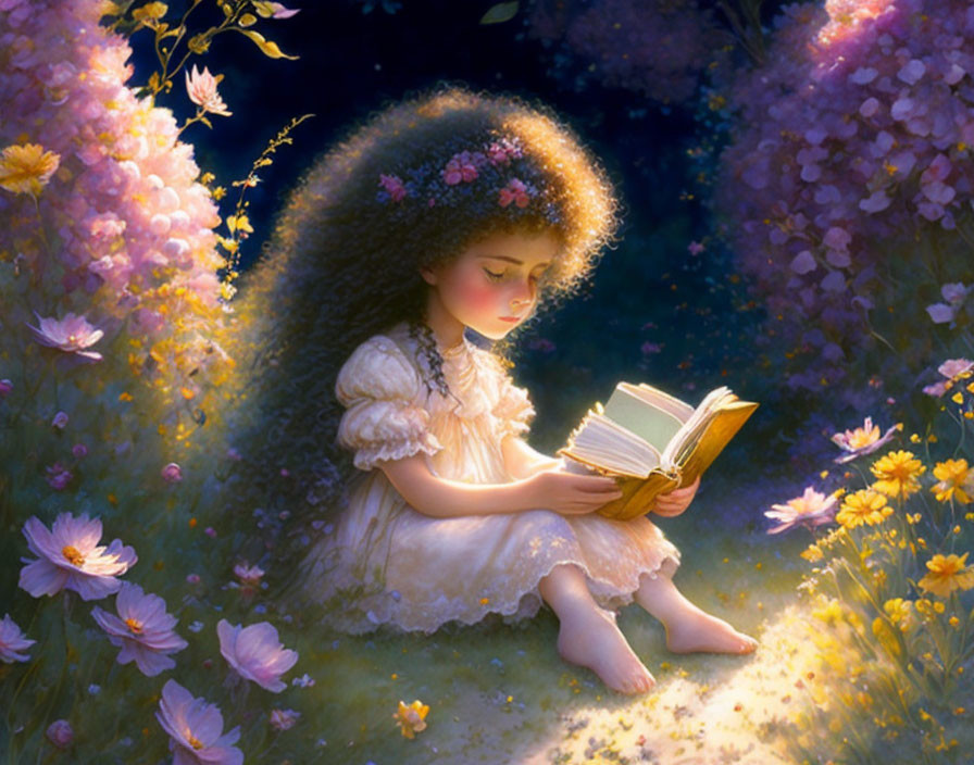 Young girl with flower crown reading book surrounded by blooming flowers