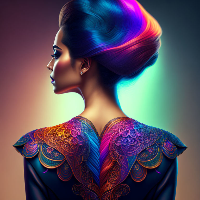 Profile of Woman with Vibrant Multicolored Hair and Ornate Mandala Shoulder Patterns