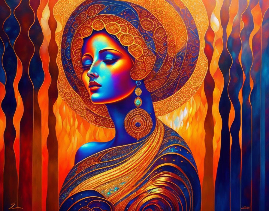 Colorful artwork featuring woman in gold headpiece against fiery backdrop