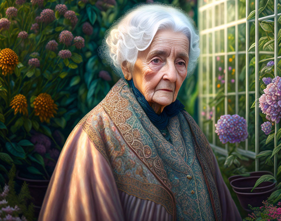 Elderly woman with white hair in patterned shawl surrounded by greenery and purple flowers.