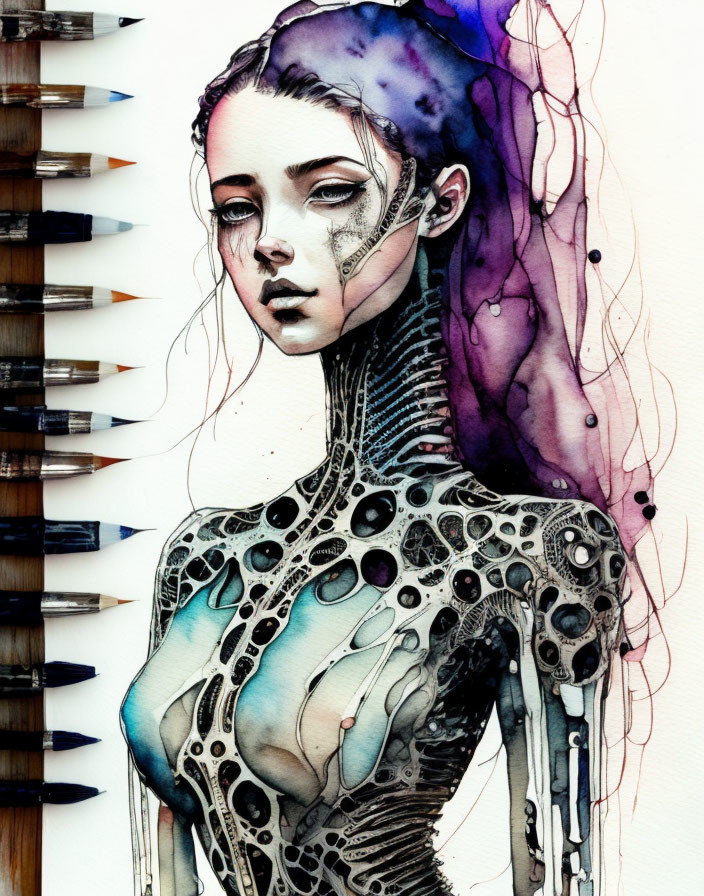 Futuristic female figure with cybernetic enhancements in watercolor and pencil