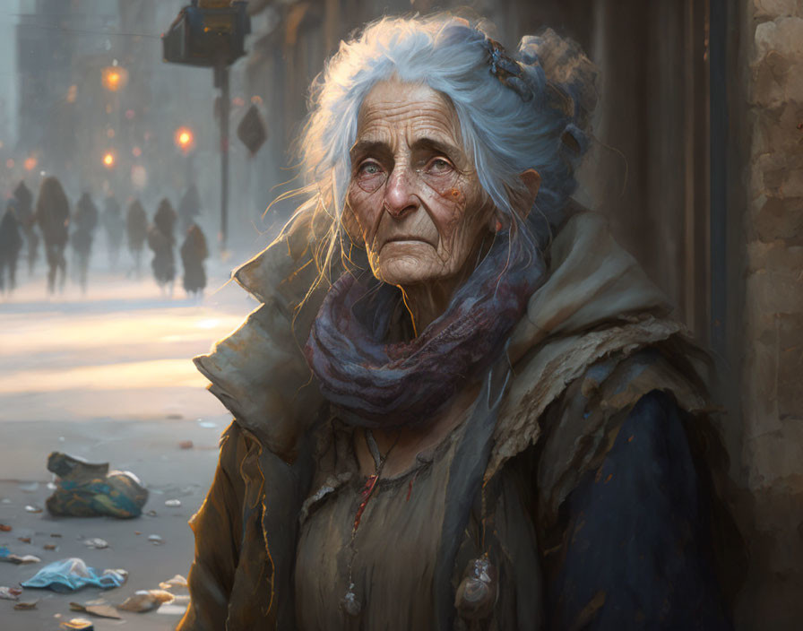 Elderly woman in layered clothing gazes pensively in cityscape