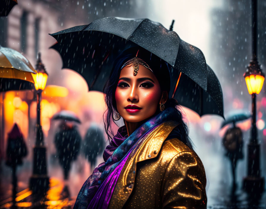 Woman with bold makeup and nose ring under black umbrella in rain with golden jacket