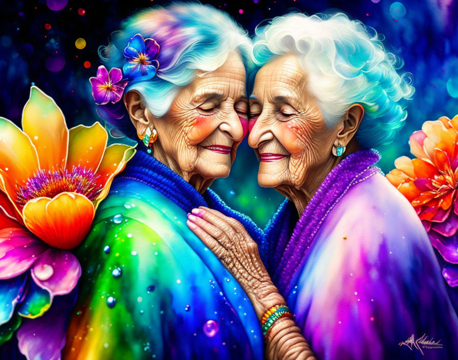 Elderly Women Embracing Surrounded by Flowers and Stars