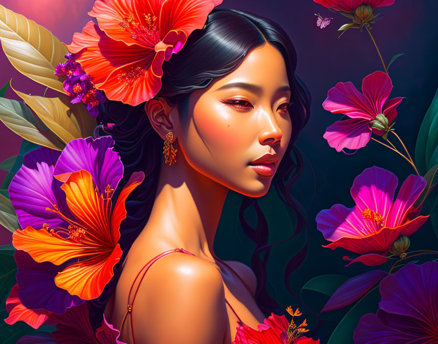 Digital Artwork: Serene Woman Amid Tropical Flowers