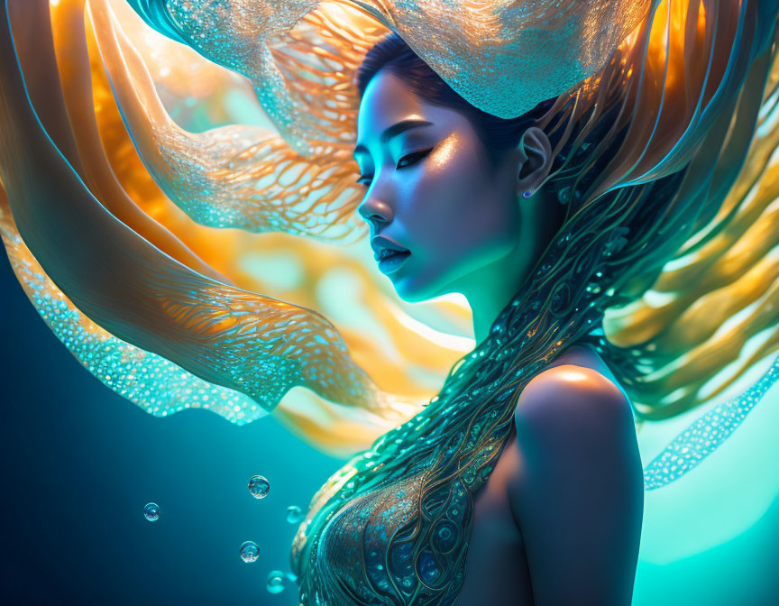 Elaborate Gold-Patterned Woman in Underwater Theme on Blue Background